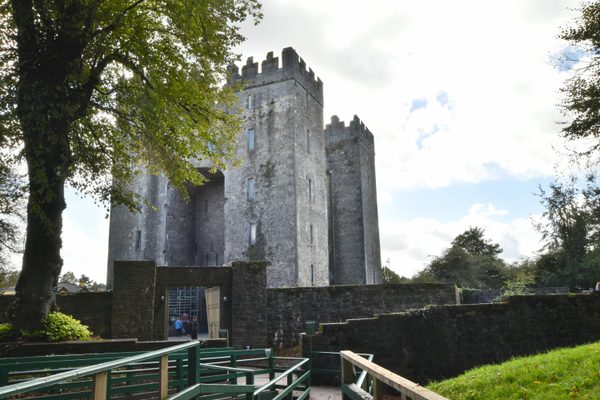Bunratty Castle seen through the autumn trees from the estate grounds