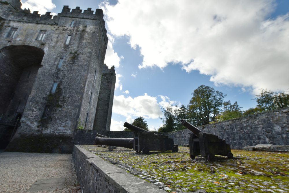 Three cannons on the bank below the walls of Bunratty Castle