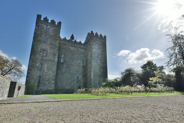 Bunratty Castle seen across the lawns, with the sun high behind the keep