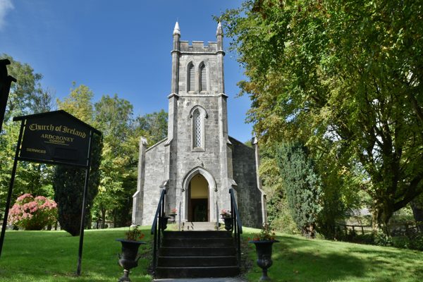 The church at Bunratty Folk Park, with its tower and arched doorway