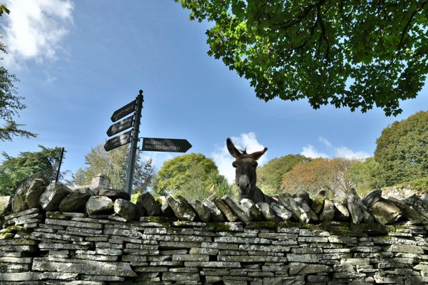 A signpost on a stone wall at Bunratty Folk Park, with a donkey looking over the wall beside it