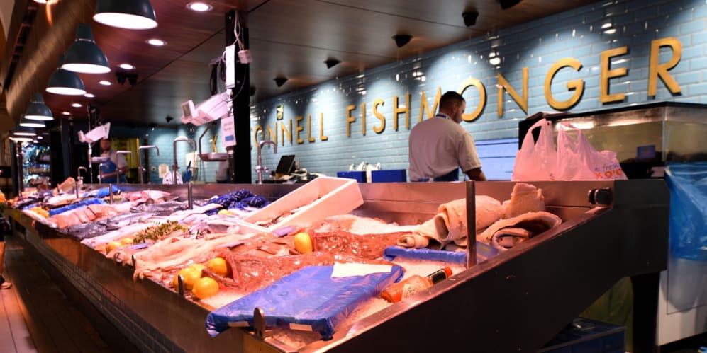 Fresh fish on ice at a fishmonger's counter in the English Market, Cork City