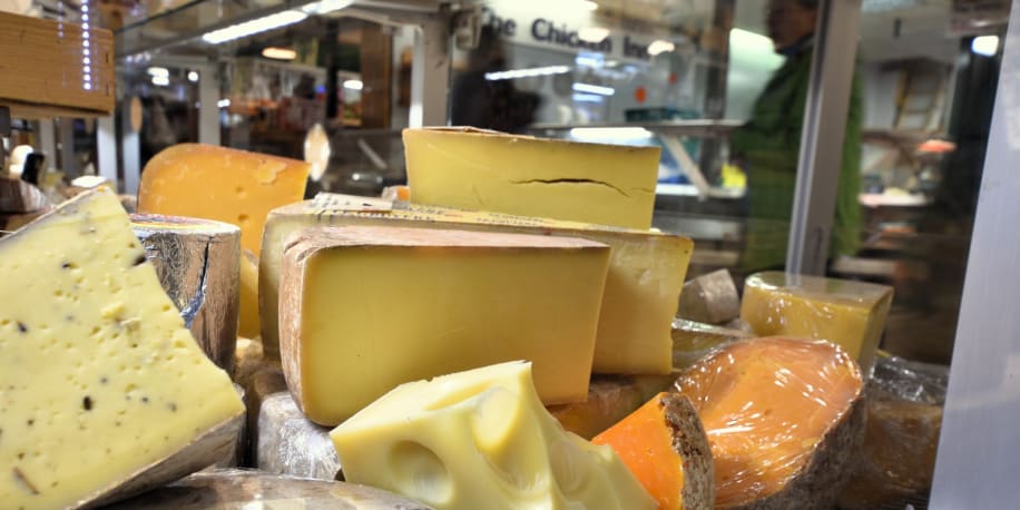 Artisan cheese and olive stalls inside the English Market, Cork City