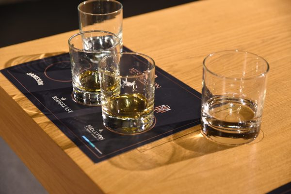 Three glasses of Irish whiskey ready for the tasting at Midleton