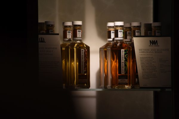Bottles of Method and Madness whiskey in the distillery gift shop