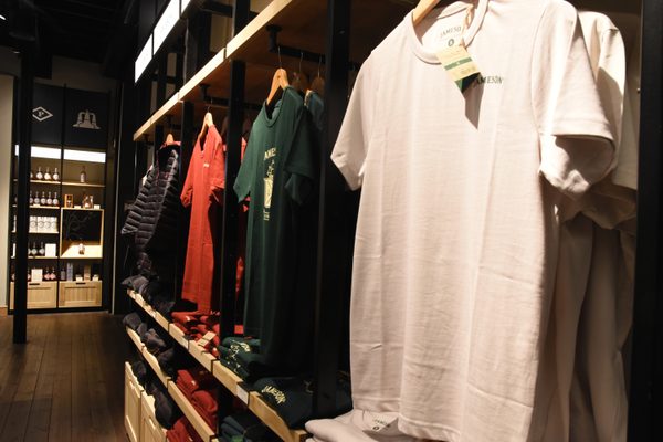 Jameson-branded clothing and merchandise in the distillery gift shop