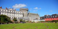 Dublin Castle and garden on a blue sky day