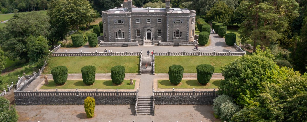 Belvedere House in County Westmeath, seen above its terraced gardens, clipped yew hedges and stone balustrades